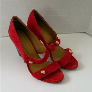 Sezane Red Suede Mary Jane Heels with Gold Buttons